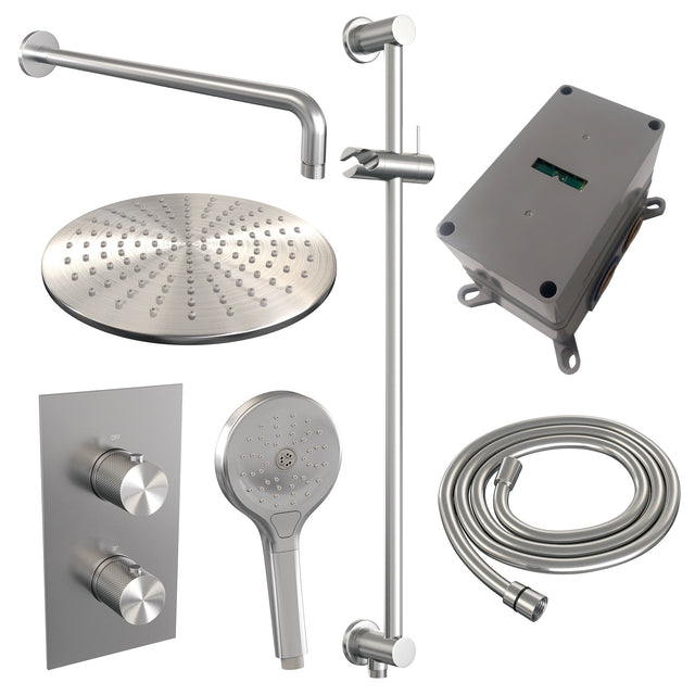 BRAUER Brushed Carving thermostatische inbouw regendouche 3-weg omstelling SET 46 met 30 cm douchekop en gebogen muurarm en 3-standen handdouche en doucheslang en geïntegreerde glijstang RVS geborsteld PVD
