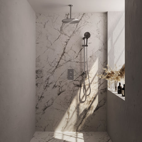 BRAUER Brushed Carving thermostatische inbouw regendouche 3-weg omstelling SET 48 met 30 cm douchekop en plafondarm en 3-standen handdouche en doucheslang en geïntegreerde glijstang RVS geborsteld PVD