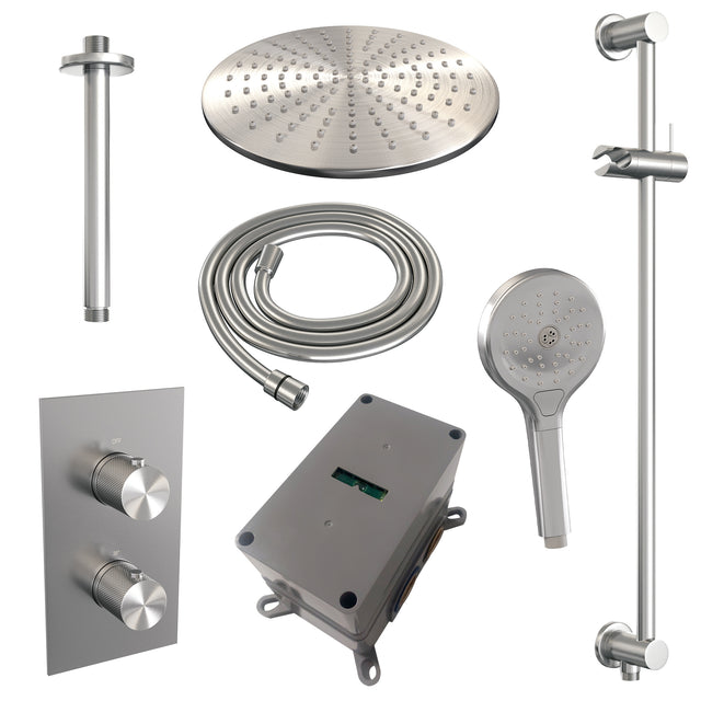 BRAUER Brushed Carving thermostatische inbouw regendouche 3-weg omstelling SET 48 met 30 cm douchekop en plafondarm en 3-standen handdouche en doucheslang en geïntegreerde glijstang RVS geborsteld PVD