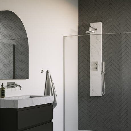 BRAUER Brushed Edition thermostatisch douchepaneel 2-weg omstelling calacatta gold SET 01 met 20 cm douchekop en gebogen muurarm en staaf handdouche en wandaansluitbocht en doucheslang RVS geborsteld PVD