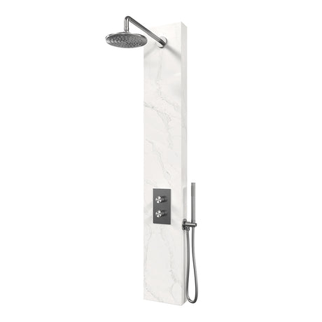 BRAUER Brushed Edition thermostatisch douchepaneel 2-weg omstelling calacatta gold SET 01 met 20 cm douchekop en gebogen muurarm en staaf handdouche en wandaansluitbocht en doucheslang RVS geborsteld PVD