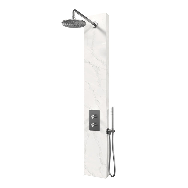 BRAUER Brushed Edition thermostatisch douchepaneel 2-weg omstelling calacatta gold SET 01 met 20 cm douchekop en gebogen muurarm en staaf handdouche en wandaansluitbocht en doucheslang RVS geborsteld PVD