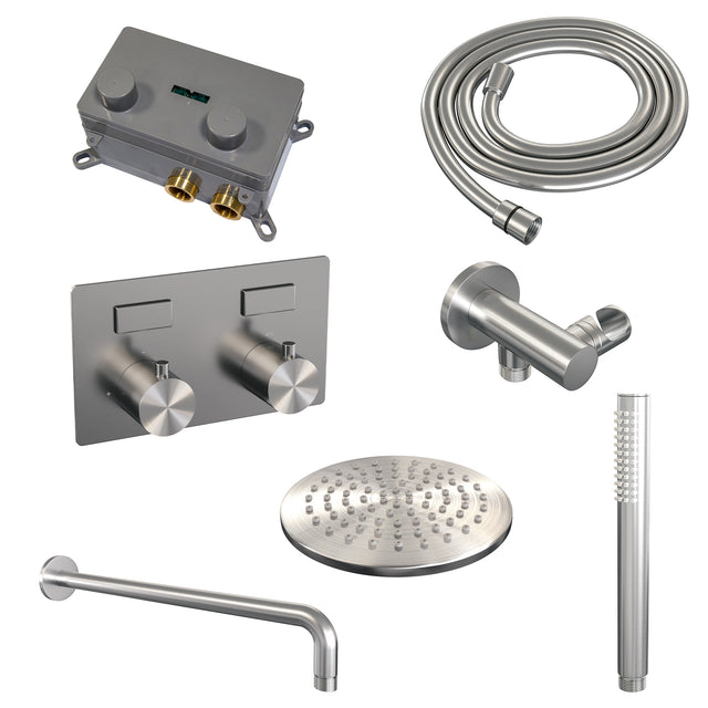 BRAUER Brushed Edition thermostatische inbouw regendouche met drukknoppen SET 51 met 20 cm douchekop en gebogen muurarm en staaf handdouche en doucheslang en wandaansluitbocht RVS geborsteld PVD
