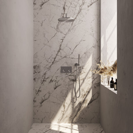 BRAUER Brushed Edition thermostatische inbouw regendouche met drukknoppen SET 52 met 30 cm douchekop en gebogen muurarm en staaf handdouche en doucheslang en wandaansluitbocht RVS geborsteld PVD