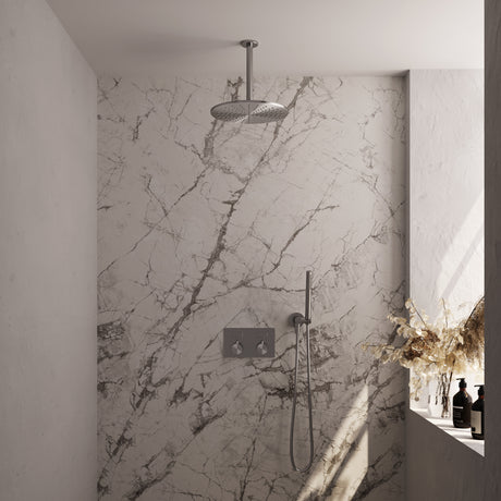 BRAUER Brushed Edition thermostatische inbouw regendouche met drukknoppen SET 54 met 30 cm douchekop en plafondarm en staaf handdouche en doucheslang en wandaansluitbocht RVS geborsteld PVD