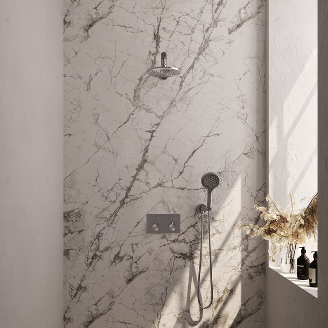 BRAUER Brushed Edition thermostatische inbouw regendouche met drukknoppen SET 55 met 20 cm douchekop en rechte muurarm en 3-standen handdouche en doucheslang en wandaansluitbocht RVS geborsteld PVD