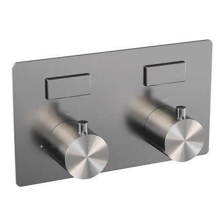 BRAUER Brushed Edition thermostatische inbouw regendouche met drukknoppen SET 56 met 30 cm douchekop en rechte muurarm en 3-standen handdouche en doucheslang en wandaansluitbocht RVS geborsteld PVD