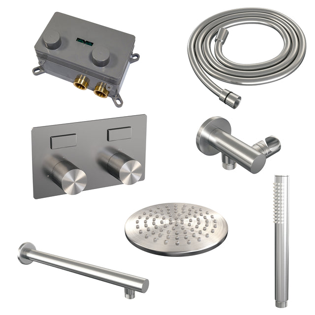 BRAUER Brushed Carving thermostatische inbouw regendouche met drukknoppen SET 49 met 20 cm douchekop en rechte muurarm en staaf handdouche en doucheslang en wandaansluitbocht RVS geborsteld PVD