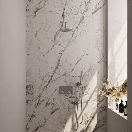 BRAUER Brushed Carving thermostatische inbouw regendouche met drukknoppen SET 51 met 20 cm douchekop en gebogen muurarm en staaf handdouche en doucheslang en wandaansluitbocht RVS geborsteld PVD