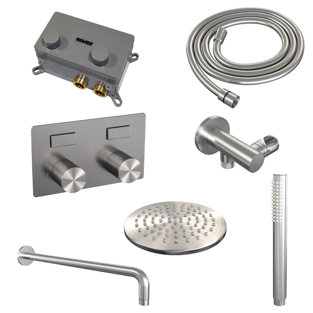 BRAUER Brushed Carving thermostatische inbouw regendouche met drukknoppen SET 51 met 20 cm douchekop en gebogen muurarm en staaf handdouche en doucheslang en wandaansluitbocht RVS geborsteld PVD