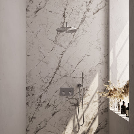 BRAUER Brushed Carving thermostatische inbouw regendouche met drukknoppen SET 52 met 30 cm douchekop en gebogen muurarm en staaf handdouche en doucheslang en wandaansluitbocht RVS geborsteld PVD