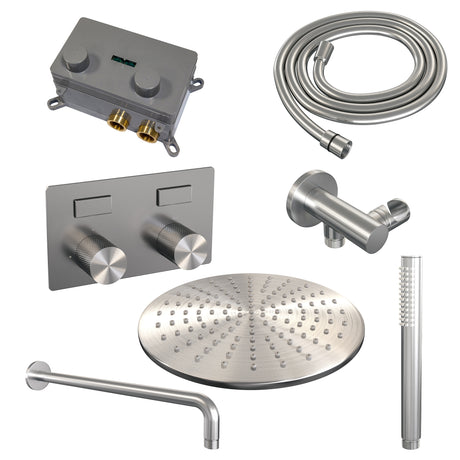 BRAUER Brushed Carving thermostatische inbouw regendouche met drukknoppen SET 52 met 30 cm douchekop en gebogen muurarm en staaf handdouche en doucheslang en wandaansluitbocht RVS geborsteld PVD