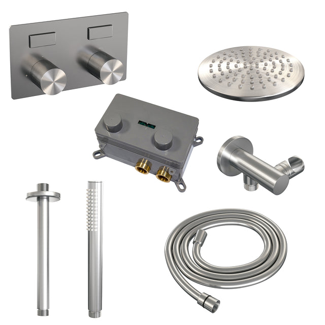 BRAUER Brushed Carving thermostatische inbouw regendouche met drukknoppen SET 53 met 20 cm douchekop en plafondarm en staaf handdouche en doucheslang en wandaansluitbocht RVS geborsteld PVD