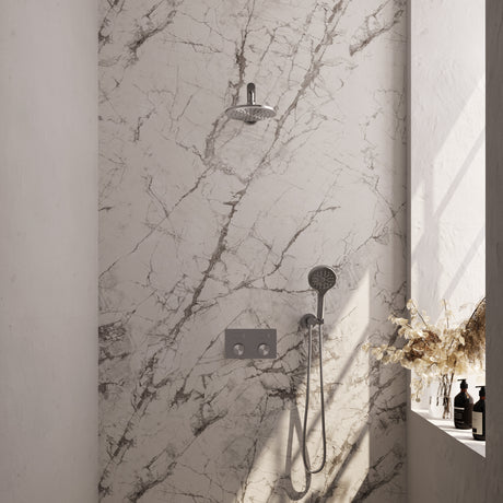 BRAUER Brushed Carving thermostatische inbouw regendouche met drukknoppen SET 55 met 20 cm douchekop en rechte muurarm en 3-standen handdouche en doucheslang en wandaansluitbocht RVS geborsteld PVD