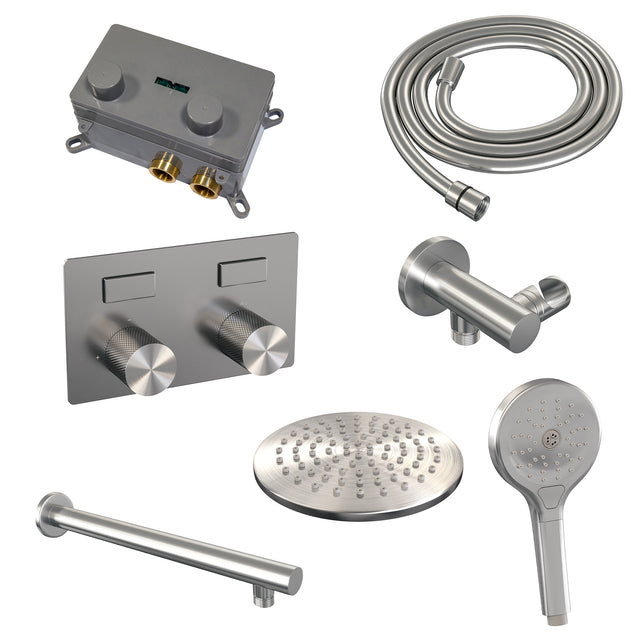 BRAUER Brushed Carving thermostatische inbouw regendouche met drukknoppen SET 55 met 20 cm douchekop en rechte muurarm en 3-standen handdouche en doucheslang en wandaansluitbocht RVS geborsteld PVD