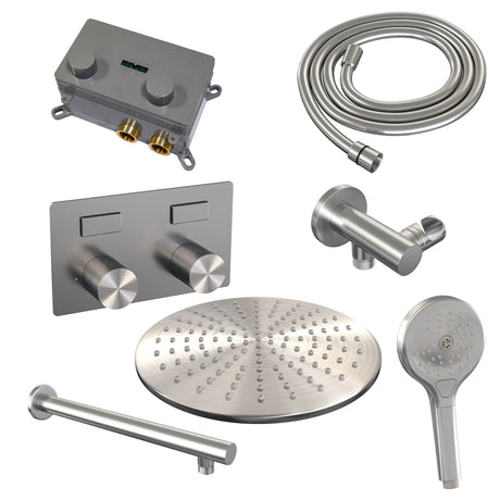 BRAUER Brushed Carving thermostatische inbouw regendouche met drukknoppen SET 56 met 30 cm douchekop en rechte muurarm en 3-standen handdouche en doucheslang en wandaansluitbocht RVS geborsteld PVD