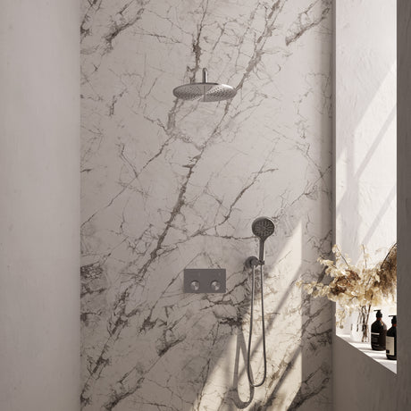 BRAUER Brushed Carving thermostatische inbouw regendouche met drukknoppen SET 58 met 30 cm douchekop en gebogen muurarm en 3-standen handdouche en doucheslang en wandaansluitbocht RVS geborsteld PVD