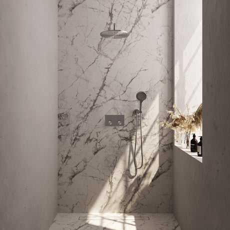 BRAUER Brushed Carving thermostatische inbouw regendouche met drukknoppen SET 58 met 30 cm douchekop en gebogen muurarm en 3-standen handdouche en doucheslang en wandaansluitbocht RVS geborsteld PVD