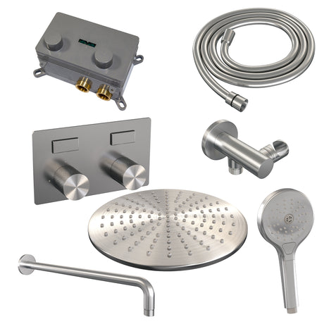 BRAUER Brushed Carving thermostatische inbouw regendouche met drukknoppen SET 58 met 30 cm douchekop en gebogen muurarm en 3-standen handdouche en doucheslang en wandaansluitbocht RVS geborsteld PVD