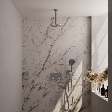 BRAUER Brushed Carving thermostatische inbouw regendouche met drukknoppen SET 59 met 20 cm douchekop en plafondarm en 3-standen handdouche en doucheslang en wandaansluitbocht RVS geborsteld PVD