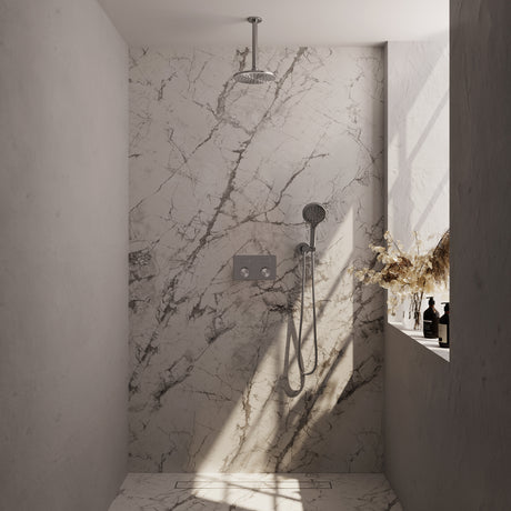 BRAUER Brushed Carving thermostatische inbouw regendouche met drukknoppen SET 59 met 20 cm douchekop en plafondarm en 3-standen handdouche en doucheslang en wandaansluitbocht RVS geborsteld PVD