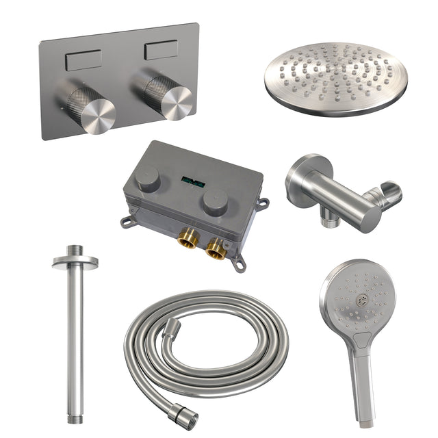 BRAUER Brushed Carving thermostatische inbouw regendouche met drukknoppen SET 59 met 20 cm douchekop en plafondarm en 3-standen handdouche en doucheslang en wandaansluitbocht RVS geborsteld PVD