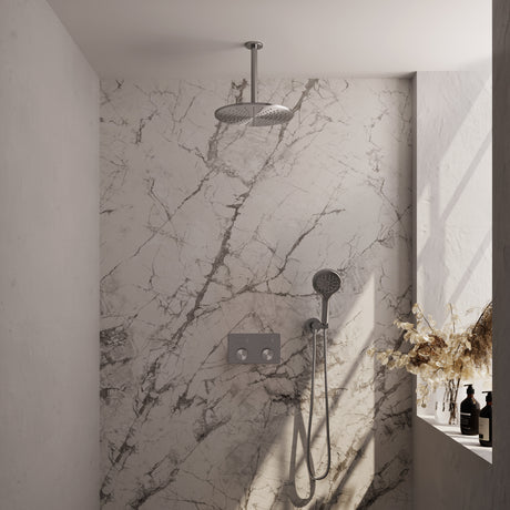 BRAUER Brushed Carving thermostatische inbouw regendouche met drukknoppen SET 60 met 30 cm douchekop en plafondarm en 3-standen handdouche en doucheslang en wandaansluitbocht RVS geborsteld PVD