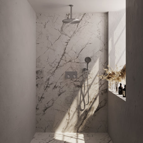 BRAUER Brushed Carving thermostatische inbouw regendouche met drukknoppen SET 60 met 30 cm douchekop en plafondarm en 3-standen handdouche en doucheslang en wandaansluitbocht RVS geborsteld PVD