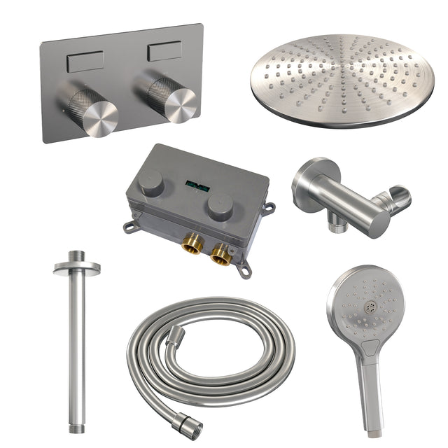 BRAUER Brushed Carving thermostatische inbouw regendouche met drukknoppen SET 60 met 30 cm douchekop en plafondarm en 3-standen handdouche en doucheslang en wandaansluitbocht RVS geborsteld PVD