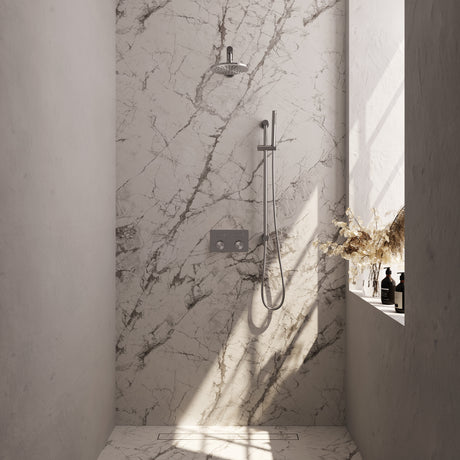 BRAUER Brushed Carving thermostatische inbouw regendouche met drukknoppen SET 61 met 20 cm douchekop en rechte muurarm en staaf handdouche en doucheslang en geïntegreerde glijstang RVS geborsteld PVD