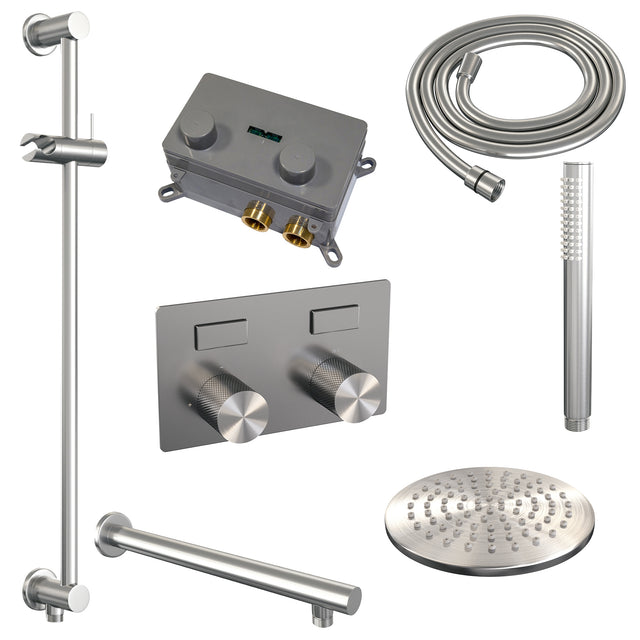 BRAUER Brushed Carving thermostatische inbouw regendouche met drukknoppen SET 61 met 20 cm douchekop en rechte muurarm en staaf handdouche en doucheslang en geïntegreerde glijstang RVS geborsteld PVD