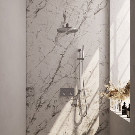 BRAUER Brushed Carving thermostatische inbouw regendouche met drukknoppen SET 62 met 30 cm douchekop en rechte muurarm en staaf handdouche en doucheslang en geïntegreerde glijstang RVS geborsteld PVD