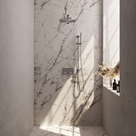 BRAUER Brushed Carving thermostatische inbouw regendouche met drukknoppen SET 62 met 30 cm douchekop en rechte muurarm en staaf handdouche en doucheslang en geïntegreerde glijstang RVS geborsteld PVD