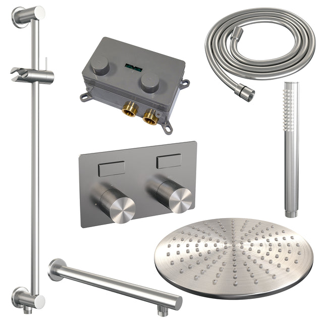 BRAUER Brushed Carving thermostatische inbouw regendouche met drukknoppen SET 62 met 30 cm douchekop en rechte muurarm en staaf handdouche en doucheslang en geïntegreerde glijstang RVS geborsteld PVD