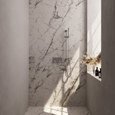 BRAUER Brushed Carving thermostatische inbouw regendouche met drukknoppen SET 63 met 20 cm douchekop en gebogen muurarm en staaf handdouche en doucheslang en geïntegreerde glijstang RVS geborsteld PVD