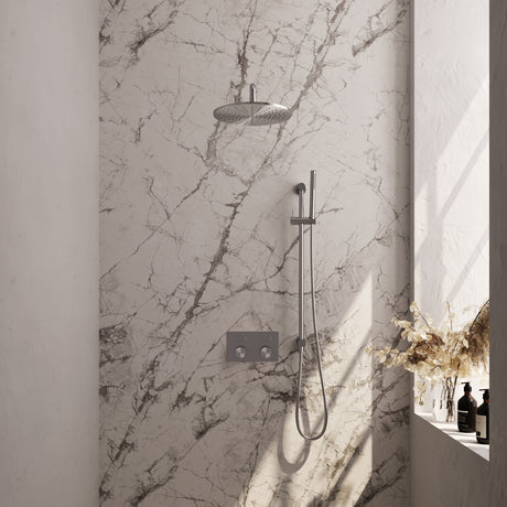 BRAUER Brushed Carving thermostatische inbouw regendouche met drukknoppen SET 64 met 30 cm douchekop en gebogen muurarm en staaf handdouche en doucheslang en geïntegreerde glijstang RVS geborsteld PVD