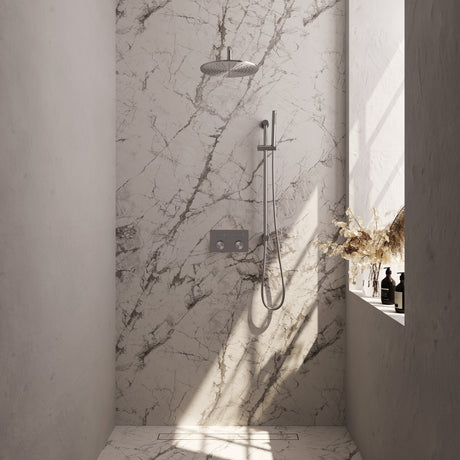 BRAUER Brushed Carving thermostatische inbouw regendouche met drukknoppen SET 64 met 30 cm douchekop en gebogen muurarm en staaf handdouche en doucheslang en geïntegreerde glijstang RVS geborsteld PVD