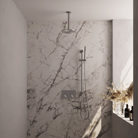 BRAUER Brushed Carving thermostatische inbouw regendouche met drukknoppen SET 65 met 20 cm douchekop en plafondarm en staaf handdouche en doucheslang en geïntegreerde glijstang RVS geborsteld PVD