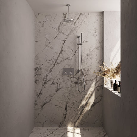 BRAUER Brushed Carving thermostatische inbouw regendouche met drukknoppen SET 65 met 20 cm douchekop en plafondarm en staaf handdouche en doucheslang en geïntegreerde glijstang RVS geborsteld PVD