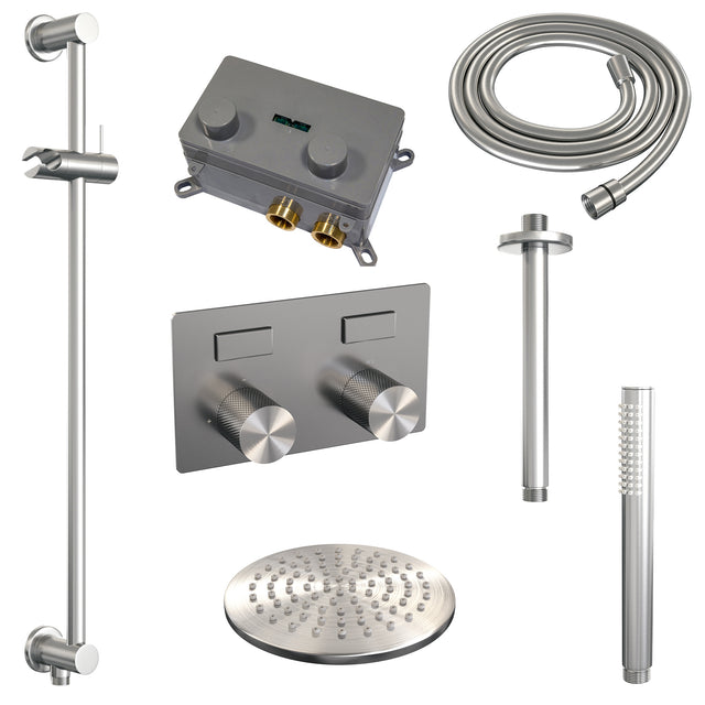 BRAUER Brushed Carving thermostatische inbouw regendouche met drukknoppen SET 65 met 20 cm douchekop en plafondarm en staaf handdouche en doucheslang en geïntegreerde glijstang RVS geborsteld PVD