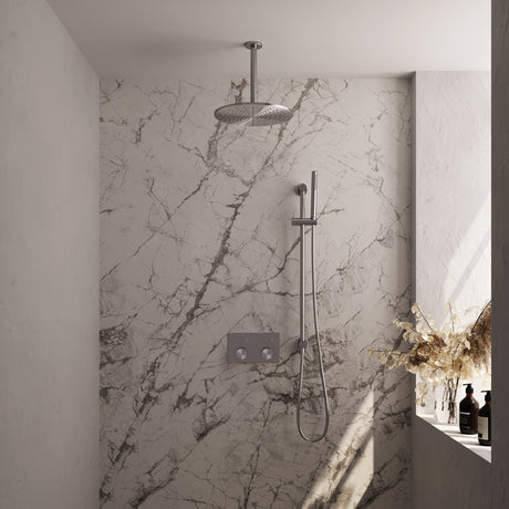 BRAUER Brushed Carving thermostatische inbouw regendouche met drukknoppen SET 66 met 30 cm douchekop en plafondarm en staaf handdouche en doucheslang en geïntegreerde glijstang RVS geborsteld PVD