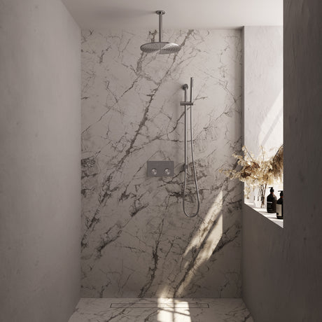 BRAUER Brushed Carving thermostatische inbouw regendouche met drukknoppen SET 66 met 30 cm douchekop en plafondarm en staaf handdouche en doucheslang en geïntegreerde glijstang RVS geborsteld PVD