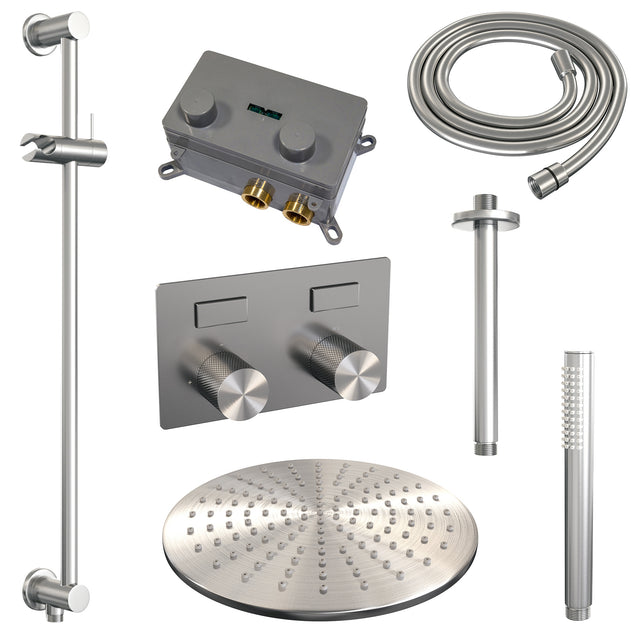 BRAUER Brushed Carving thermostatische inbouw regendouche met drukknoppen SET 66 met 30 cm douchekop en plafondarm en staaf handdouche en doucheslang en geïntegreerde glijstang RVS geborsteld PVD