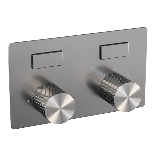 BRAUER Brushed Carving thermostatische inbouw regendouche met drukknoppen SET 66 met 30 cm douchekop en plafondarm en staaf handdouche en doucheslang en geïntegreerde glijstang RVS geborsteld PVD