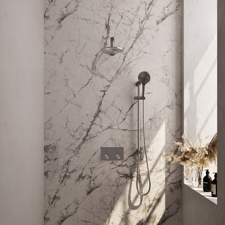 BRAUER Brushed Carving thermostatische inbouw regendouche met drukknoppen SET 67 met 20 cm douchekop en rechte muurarm en 3-standen handdouche en doucheslang en geïntegreerde glijstang RVS geborsteld PVD