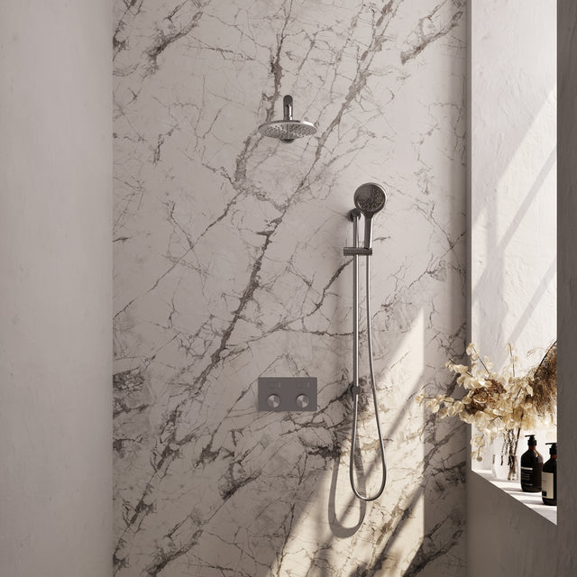 BRAUER Brushed Carving thermostatische inbouw regendouche met drukknoppen SET 67 met 20 cm douchekop en rechte muurarm en 3-standen handdouche en doucheslang en geïntegreerde glijstang RVS geborsteld PVD