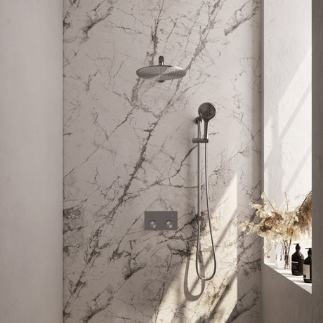 BRAUER Brushed Carving thermostatische inbouw regendouche met drukknoppen SET 68 met 30 cm douchekop en rechte muurarm en 3-standen handdouche en doucheslang en geïntegreerde glijstang RVS geborsteld PVD