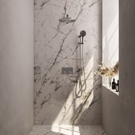 BRAUER Brushed Carving thermostatische inbouw regendouche met drukknoppen SET 68 met 30 cm douchekop en rechte muurarm en 3-standen handdouche en doucheslang en geïntegreerde glijstang RVS geborsteld PVD