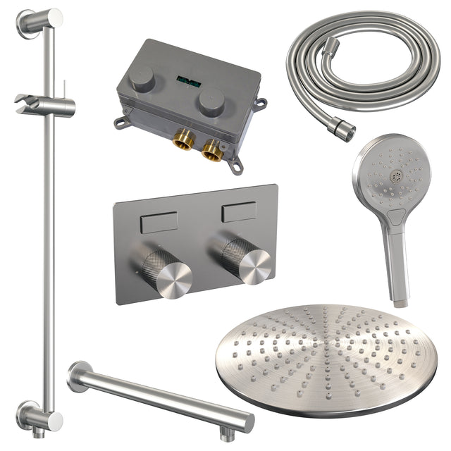 BRAUER Brushed Carving thermostatische inbouw regendouche met drukknoppen SET 68 met 30 cm douchekop en rechte muurarm en 3-standen handdouche en doucheslang en geïntegreerde glijstang RVS geborsteld PVD