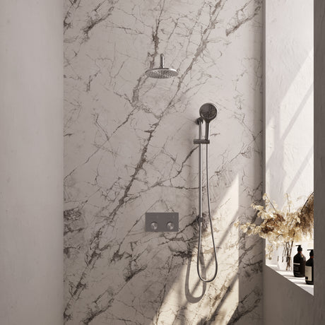 BRAUER Brushed Carving thermostatische inbouw regendouche met drukknoppen SET 69 met 20 cm douchekop en gebogen muurarm en 3-standen handdouche en doucheslang en geïntegreerde glijstang RVS geborsteld PVD